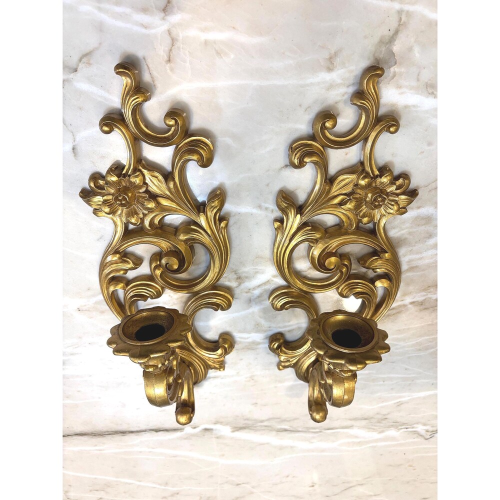 Vintage Syroco Gold Wall Candle Sconces Pair Hollywood Regency Floral Scroll